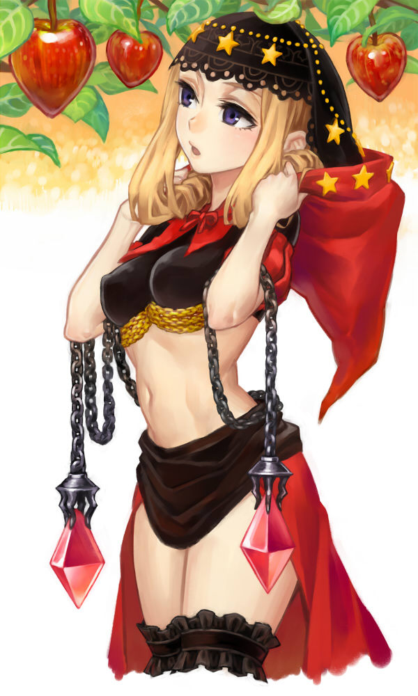 1girl black_thighhighs blonde_hair breasts chain crop_top food frilled_thigh_strap fruit kahadu_(kawazu) leaf long_hair looking_to_the_side medium_breasts navel odin_sphere open_mouth purple_eyes red_hood showgirl_skirt solo thigh_strap thighhighs velvet_(odin_sphere)