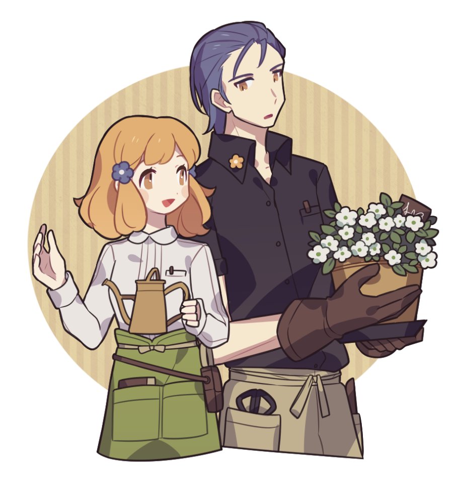 1boy 1girl arm_up black_shirt blue_flower blue_hair border brown_gloves character_request collared_shirt commentary fire_emblem fire_emblem:_genealogy_of_the_holy_war flower flower_pot gloves haconeri hair_flower hair_ornament holding holding_flower_pot holding_watering_can medium_hair nintendo open_mouth orange_eyes orange_hair outside_border round_border shirt simple_background smile striped_background symbol-only_commentary watering_can white_border white_flower yellow_background