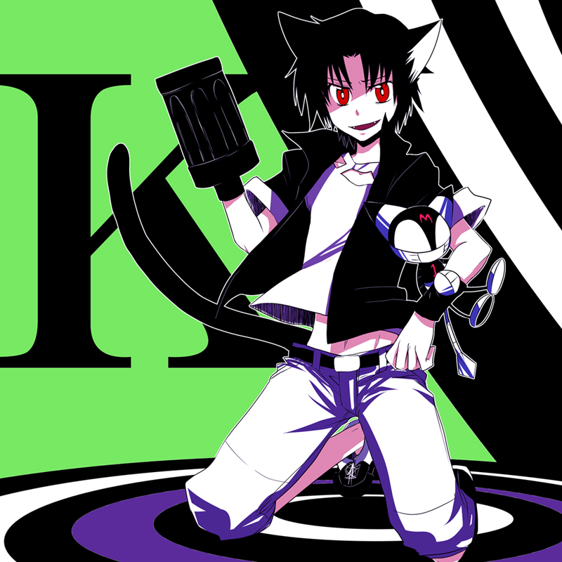 1boy animal_ears belt black_hair cat_ears cat_tail collarbone cyborg_kuro-chan fangs gatling_gun gun hinashio jacket kneeling kuro_(cyborg_kuro-chan) looking_at_viewer m_(cyborg_kuro-chan) navel open_mouth pants personification red_eyes shadow shirt shoes t-shirt tail weapon wristband