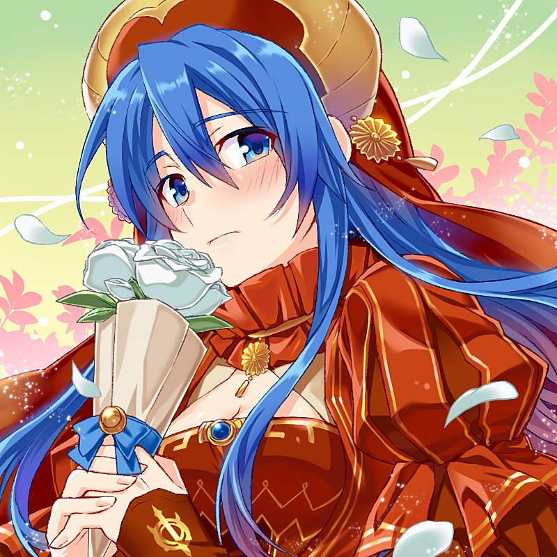 1girl blue_eyes blue_hair blush dress female_focus fire_emblem fire_emblem:_the_binding_blade fire_emblem_heroes gift gloves hat lilina_(blush_of_youth)_(fire_emblem) lilina_(fire_emblem) long_hair looking_at_viewer nintendo simple_background solo yuki_(sumaburalove)