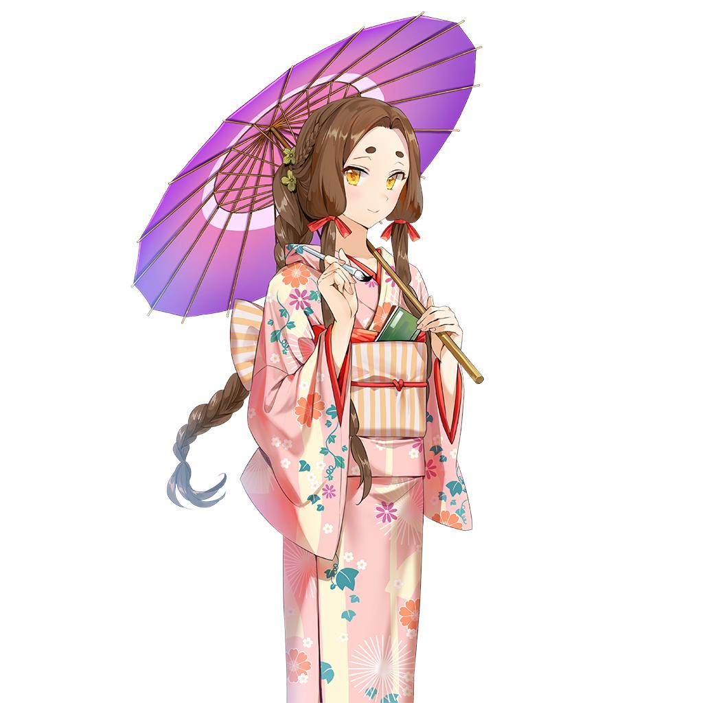 1girl braid breasts brown_eyes brown_hair calligraphy_brush holding holding_brush holding_umbrella ice_(ice_aptx) japanese_clothes kimono kushinada_(uchi_no_hime-sama) long_hair looking_at_viewer multicolored_eyes oil-paper_umbrella paintbrush pink_kimono ponytail single_braid uchi_no_hime-sama_ga_ichiban_kawaii umbrella very_long_hair yellow_eyes