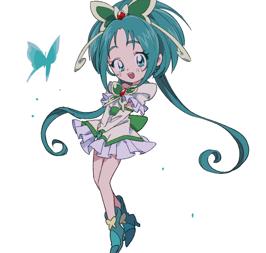 1girl blush boots bug butterfly butterfly_hair_ornament cure_mint dress frilled_dress frilled_sleeves frills green_boots green_butterfly green_eyes green_hair hair_ornament insect kei_(wa_shoi) knee_boots open_mouth precure teeth thick_eyebrows upper_teeth_only white_background yes!_precure_5