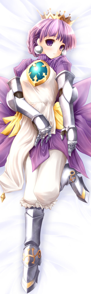 1girl armor armored_dress atlus bloomers blush boots crown dress earrings female_focus full_body gizensha gloves gold_crown gradriel gradriel_de_valendia greaves jewelry knee_boots knight pants princess_crown purple_eyes purple_hair short_hair solo underwear white_background white_bloomers