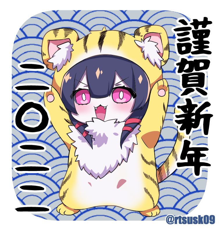 1girl 2022 animal_costume animal_print black_sclera blue_background chibi chinese_zodiac colored_sclera commentary_request cosplay dated fangs full_body kigurumi looking_at_viewer new_year original pink_eyes rtsusk09 seigaiha solo tiger_costume tiger_print translation_request year_of_the_tiger