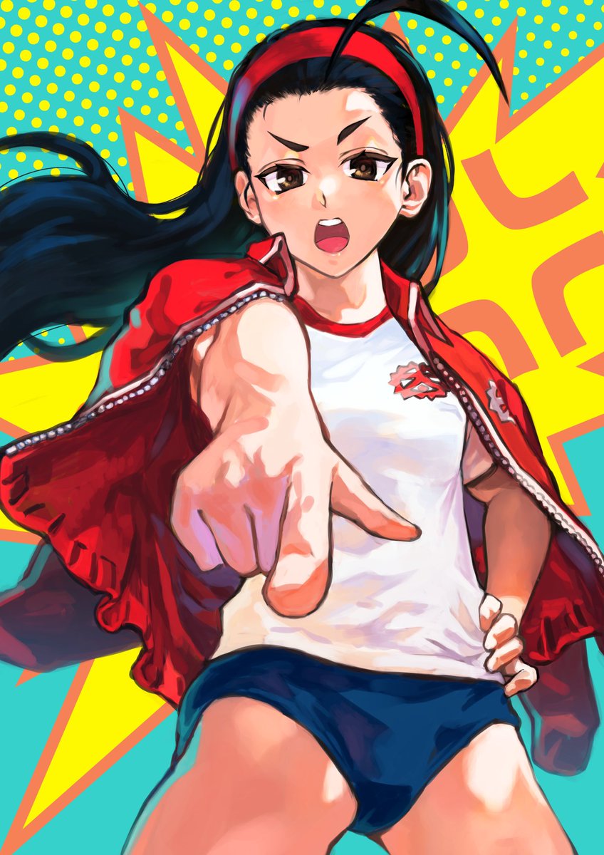 1girl ahoge black_hair brown_eyes capcom forehead gym_uniform hairband hand_on_own_hip highres iinchou_(justice_gakuen) jacket jacket_on_shoulders justice_gakuen long_hair looking_at_viewer otsudou pointing thighs track_jacket
