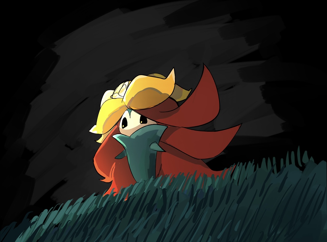 animal_focus black_background black_eyes flower full_body gen_8_pokemon gossifleur grass hair_flower hair_ornament long_hair nintendo no_humans pokemon pokemon_(creature) red_hair simple_background solo takashi_(pixiv_80298118) yellow_flower