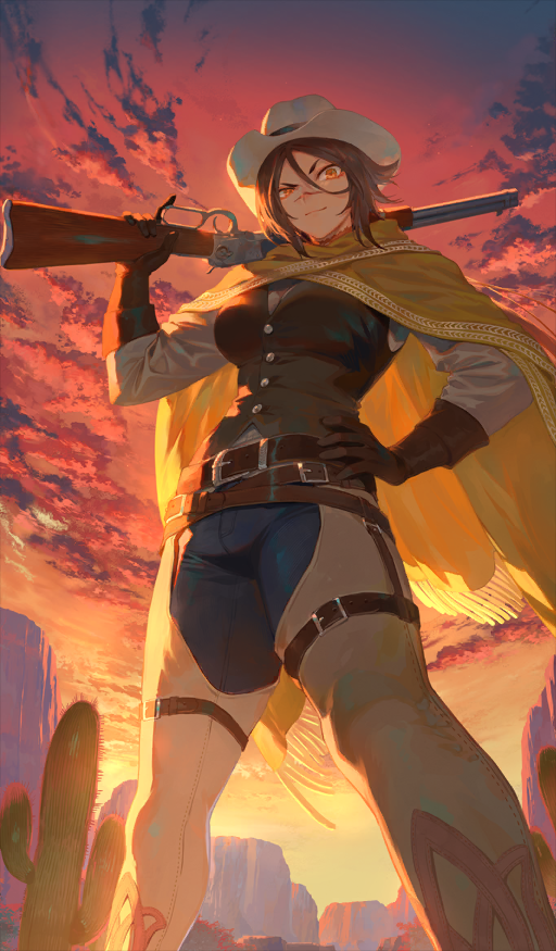 1girl belt belt_buckle blue_pants brown_belt brown_gloves brown_hair brown_vest buckle cactus cape chaps closed_mouth cloud cloudy_sky cowboy_hat denim fate/grand_order fate_(series) feet_out_of_frame fringe-trimmed_cape fringe_trim gloves gun hair_between_eyes hand_on_own_hip hat holding holding_gun holding_weapon jeans long_sleeves looking_at_viewer mashutarou_(neko_no_oyashiro) official_alternate_costume official_art orange_eyes outdoors over_shoulder pants scar scar_on_face scar_on_nose shirt short_hair sky smirk solo standing sugitani_zenjubou_(fate) sunset textless_version thigh_belt thigh_strap thighs trigger_discipline vest weapon weapon_over_shoulder white_hat white_shirt yellow_cape