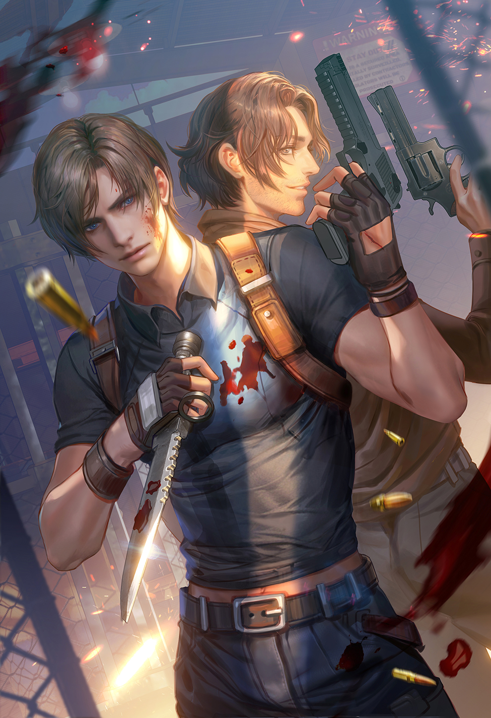 2boys belt black_belt black_gloves black_hair black_pants black_shirt blood blood_on_clothes blood_on_face bloody_knife bloody_weapon blue_eyes brown_hair brown_jacket bullet closed_mouth curtained_hair facial_hair fan_yang_(jiuge) fingerless_gloves gloves gun highres holding holding_gun holding_knife holding_weapon holster jacket knife leon_s._kennedy luis_sera male_focus multiple_boys pants resident_evil resident_evil_4 resident_evil_4_(remake) shirt short_hair shoulder_holster smile weapon