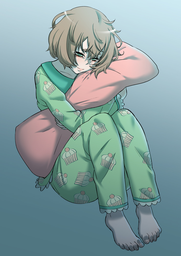 1girl amai_odayaka crying crying_with_eyes_open female_focus green_eyes green_pajamas hugging_object kjech light_brown_hair pajamas pillow pillow_hug short_hair sitting solo tears yandere_simulator