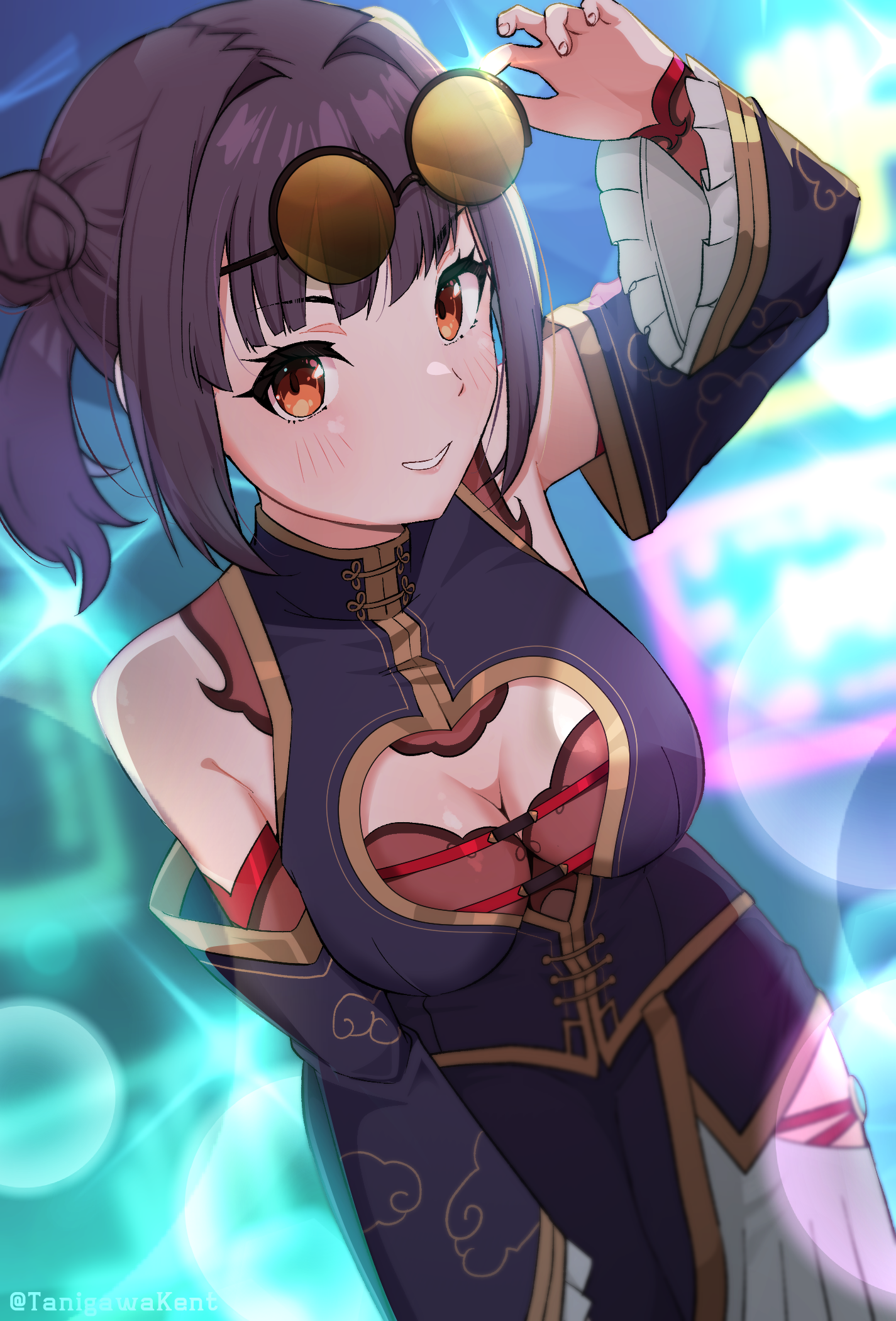 1girl black_hair breasts chinese_clothes cleavage_cutout clothing_cutout double_bun dress hair_bun heaven_burns_red highres li_yingxia official_alternate_costume official_alternate_hairstyle orange_eyes skirt solo tanigawa_kent