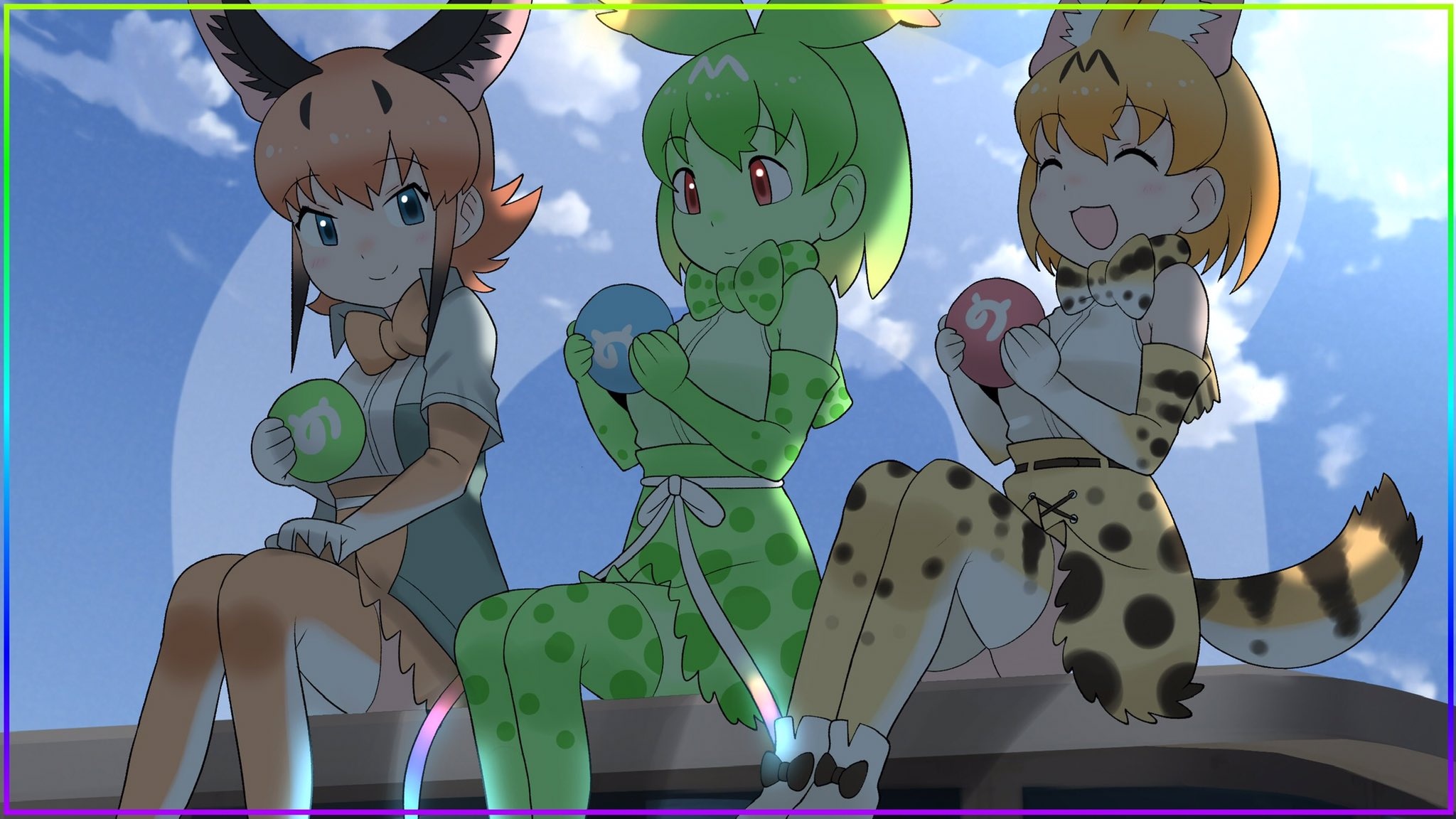 animal_ears caracal_(kemono_friends) cats_yone cellval gloves highres kemono_friends kemono_friends_3 necktie serval_(kemono_friends) shirt skirt tail