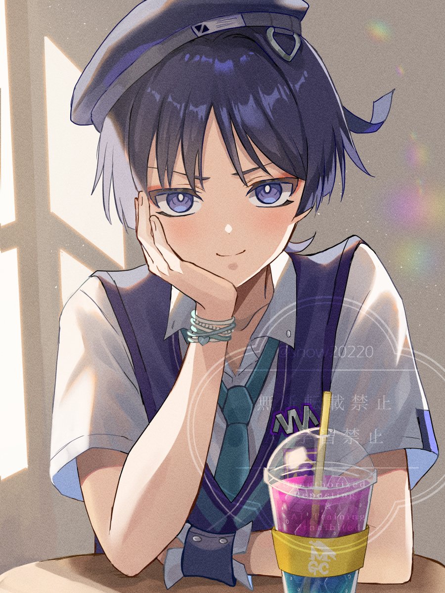 1boy alternate_costume aqua_necktie aqua_trim arm_on_table arm_rest bead_bracelet beads beret blunt_ends blush bracelet bright_pupils cardigan closed_mouth coffee collarbone collared_shirt cup disposable_cup drinking_straw elbow_on_table eyeliner eyeshadow fingernails genshin_impact hand_on_own_face hat head_rest heart highres iced_coffee jewelry makeup male_focus necktie official_alternate_costume parted_lips purple_cardigan purple_eyes purple_hair purple_hat red_eyeliner red_eyeshadow scaramouche_(genshin_impact) shirt short_sleeves smile snow20200 solo twitter_username wanderer_(genshin_impact) wanderer_(mega_mgc_coffee)_(genshin_impact) watermark white_pupils white_shirt white_sleeves white_undershirt wrist_cuffs