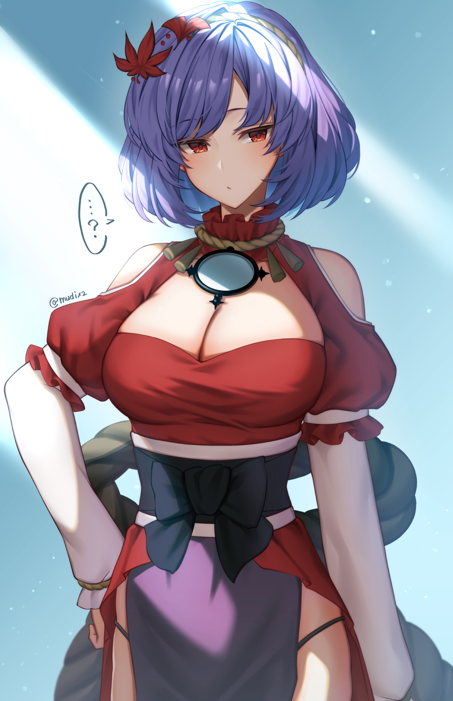 ...? 1girl alternate_costume bow breasts cleavage hair_ornament highres large_breasts leaf_hair_ornament looking_at_viewer mirror mitama_mudimudi mountain_of_faith purple_eyes purple_hair red_eyes short_hair solo touhou yasaka_kanako