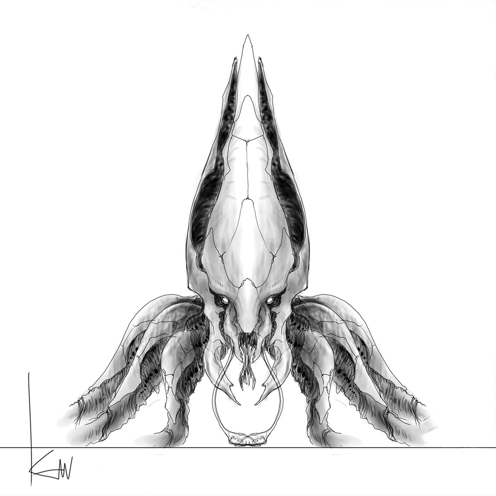 concept_art engi_(animation_studio) gamera_(series) gamera_-rebirth- giant giant_monster kadokawa kaiju looking_at_viewer monochrome monster no_humans octopus official_art promotional_art signature sketch squid takahama_kan tentacles viras