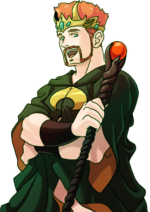 1boy crossed_arms crown facial_hair flattop green_eyes green_robe happy hazukasimegane holding holding_staff looking_at_viewer male_focus mustache orange_hair robe royal_robe sheamus short_hair simple_background smile soul_patch staff teeth upper_teeth_only white_background wwe