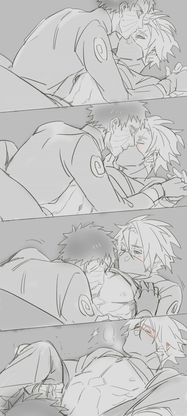 2boys blush closed_eyes gloves hatake_kakashi highres interlocked_fingers kiss kissing_forehead licking long_sleeves looking_to_the_side male_focus mask mouth_mask multiple_boys naruto_(series) naruto_shippuuden pectorals scar scar_on_face short_hair spiked_hair toned toned_male uchiha_obito vosovic yaoi