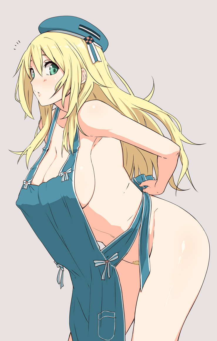 10s 1girl apron aqua_eyes atago_(kancolle) bad_id bad_pixiv_id blonde_hair blush breasts covered_erect_nipples female_focus female_pubic_hair hat kantai_collection kurinton large_breasts long_hair naked_apron omaru_gyuunyuu open_mouth pubic_hair sideboob simple_background solo tying