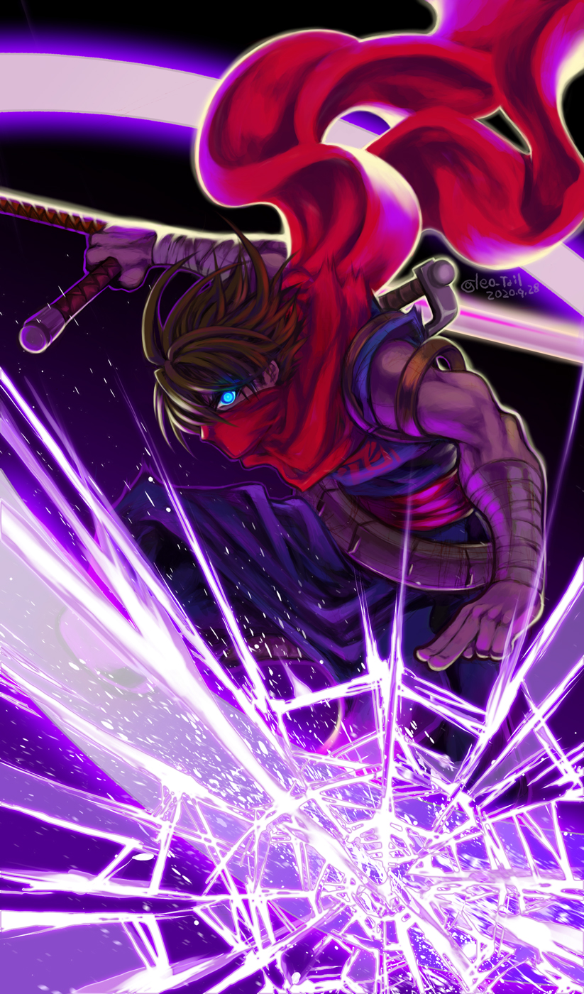 1boy bladed_tonfa blue_eyes brown_hair crack dated glowing glowing_eye hair_between_eyes highres holding holding_weapon leo_tail looking_at_viewer male_focus mask mouth_mask purple_background red_mask red_scarf scarf short_hair solo strider_(video_game) strider_hiryuu tonfa twitter_username weapon