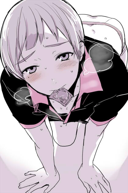 1boy all_fours bad_id bad_pixiv_id blue_eyes blush breath condom condom_in_mouth free! grey_hair looking_at_viewer male_focus mery-chan mole mole_under_eye mouth_hold nitori_aiichirou pov solo