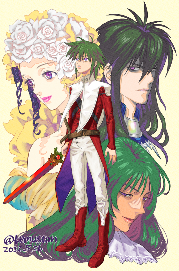 asellus_(saga_frontier) belt black_hair boots character_request commentary_request drill_hair expressionless flower full_body green_hair holding holding_sword holding_weapon ildon jacket long_hair looking_at_viewer looking_up princess_white_rose purple_eyes rose saga saga_frontier short_hair smile sonomoto_shinzou_(natsume_kyouji) sword weapon white_flower white_rose