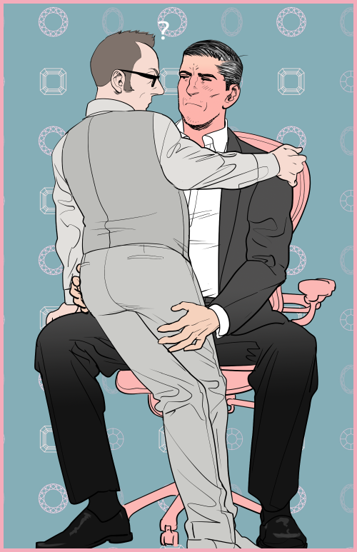 2boys ? aqua_background black_hair black_suit blush body_blush brown_hair chair closed_mouth couple dark-skinned_male dark_skin eye_contact fallen_down formal_clothes full_body glasses grey_hair hair_slicked_back hand_on_another&#039;s_hip hand_on_another&#039;s_shoulder harold_finch_(person_of_interest) john_reese_(person_of_interest) leaning_on_person looking_at_another male_focus mature_male multicolored_hair multiple_boys person_of_interest rectangular_eyewear short_hair sideburns sitting streaked_hair suit tabomi yaoi