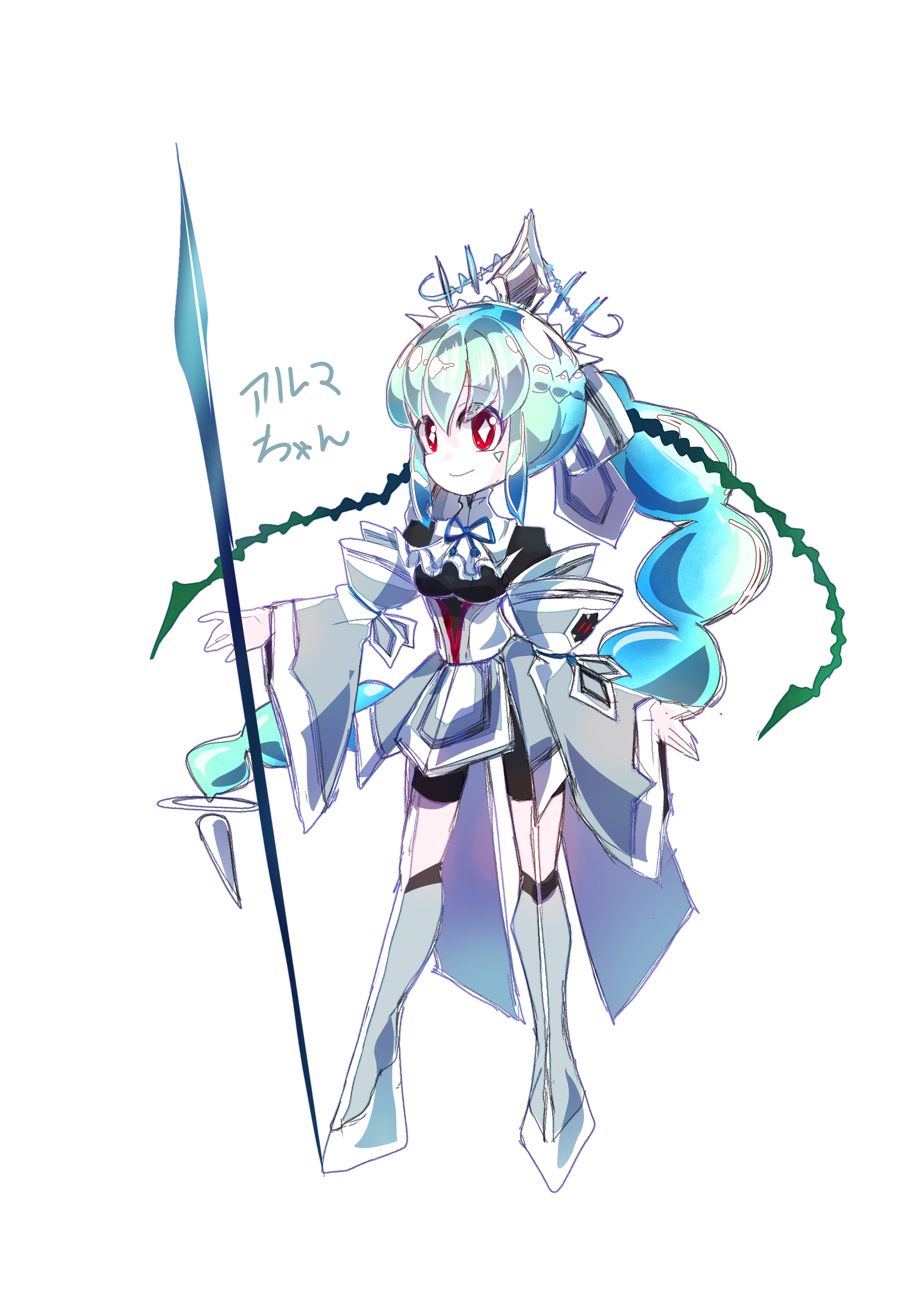 1girl absurdres blue_hair digimon dress female_focus highres long_hair personification red_eyes smile solo yggdrasill_(digimon) yggdrasill_7d6