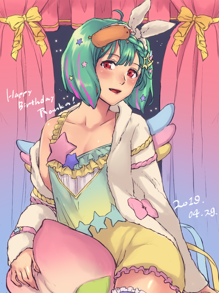 01rosso 1girl ahoge between_thighs blush braid breasts collarbone crown_braid dated fang green_hair hair_ornament happy_birthday macross macross_frontier multicolored_hair oosanshouuo-san open_mouth pajamas purple_hair ranka_lee red_eyes shiny_skin short_hair small_breasts smile solo streaked_hair thighs uta_macross_sumaho_deculture