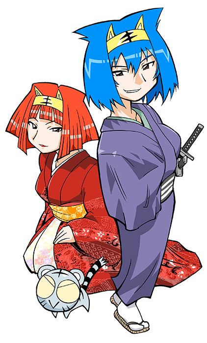 2girls amu_ru animal_ear_headphones animal_ears aqua_hair benga_ru black_outline black_tail blue_kimono blue_sleeves blunt_bangs blunt_ends bob_cut breasts brown_eyes closed_mouth colored_sclera cub fake_animal_ears floral_print_sash full_body furisode grey_fur grey_sash grey_tail grin han&#039;eri hand_in_clothes hand_on_lap headband headphones japanese_clothes katana kimono large_breasts lipstick long_sleeves looking_at_viewer makeup mature_female mukku_(mook-tv) multiple_girls no_pupils obi obiage official_art orange_hair orange_sash outline parted_hair red_kimono red_lips red_sleeves sandals sash second-party_source shiro_kotora siblings simple_background sisters sitting smile socks spiked_hair standing straight_hair striped_fur striped_tail sword tabi tail tiger tiger_ears tora_da_yo. toranoana triple_horizontal_stripe two-tone_sash weapon white_background white_sash white_socks wide_sleeves yellow_headband yellow_sclera zouri