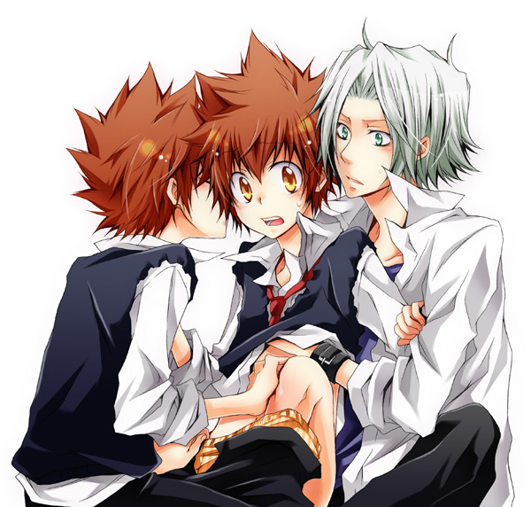 3boys blush bracelet brown_eyes brown_hair clothed_sex gokudera gokudera_hayato green_eyes group_sex jewelry katekyo_hitman_reborn! kiss kubyou_azami male_focus mononoke_hobaku_butai multiple_boys necktie penis sawada_tsunayoshi school_uniform selfcest sex short_hair silver_hair spiked_hair surprised sweat tsuna underwear undressing yaoi