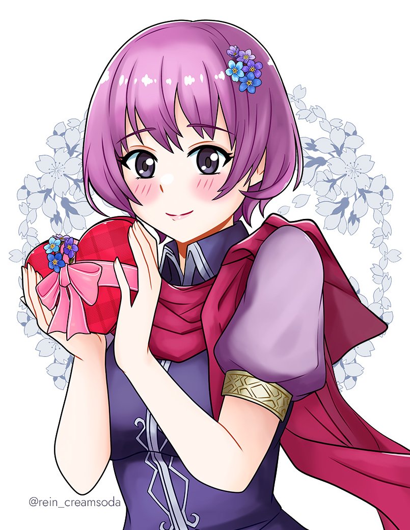 1girl commission fire_emblem fire_emblem:_new_mystery_of_the_emblem katarina_(fire_emblem) nintendo open_mouth purple_eyes purple_hair red_scarf rein_creamsoda scarf short_hair smile solo