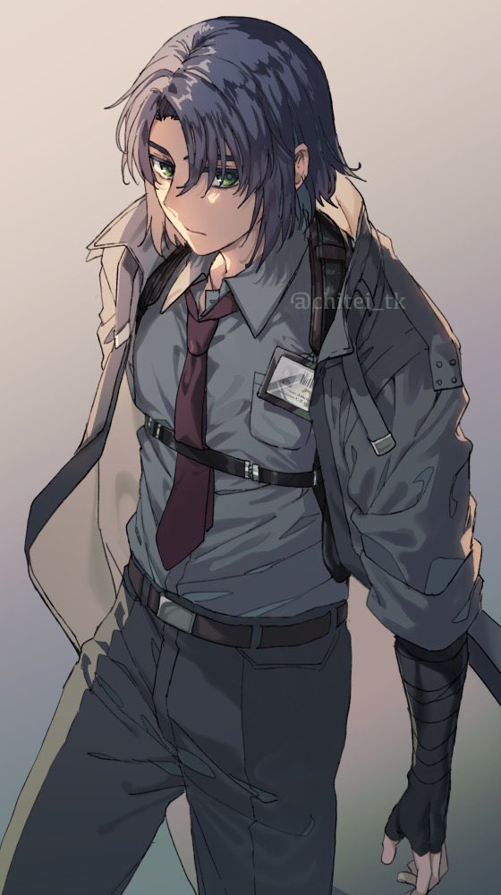 1boy athrun_zala belt black_gloves black_pants blue_hair chest_harness collared_shirt cowboy_shot fingerless_gloves gloves green_eyes grey_background grey_jacket grey_shirt gundam gundam_seed gundam_seed_freedom harness jacket long_sleeves looking_at_viewer male_focus necktie open_clothes open_jacket pants red_necktie shirt short_hair simple_background solo tenkuu_sphere