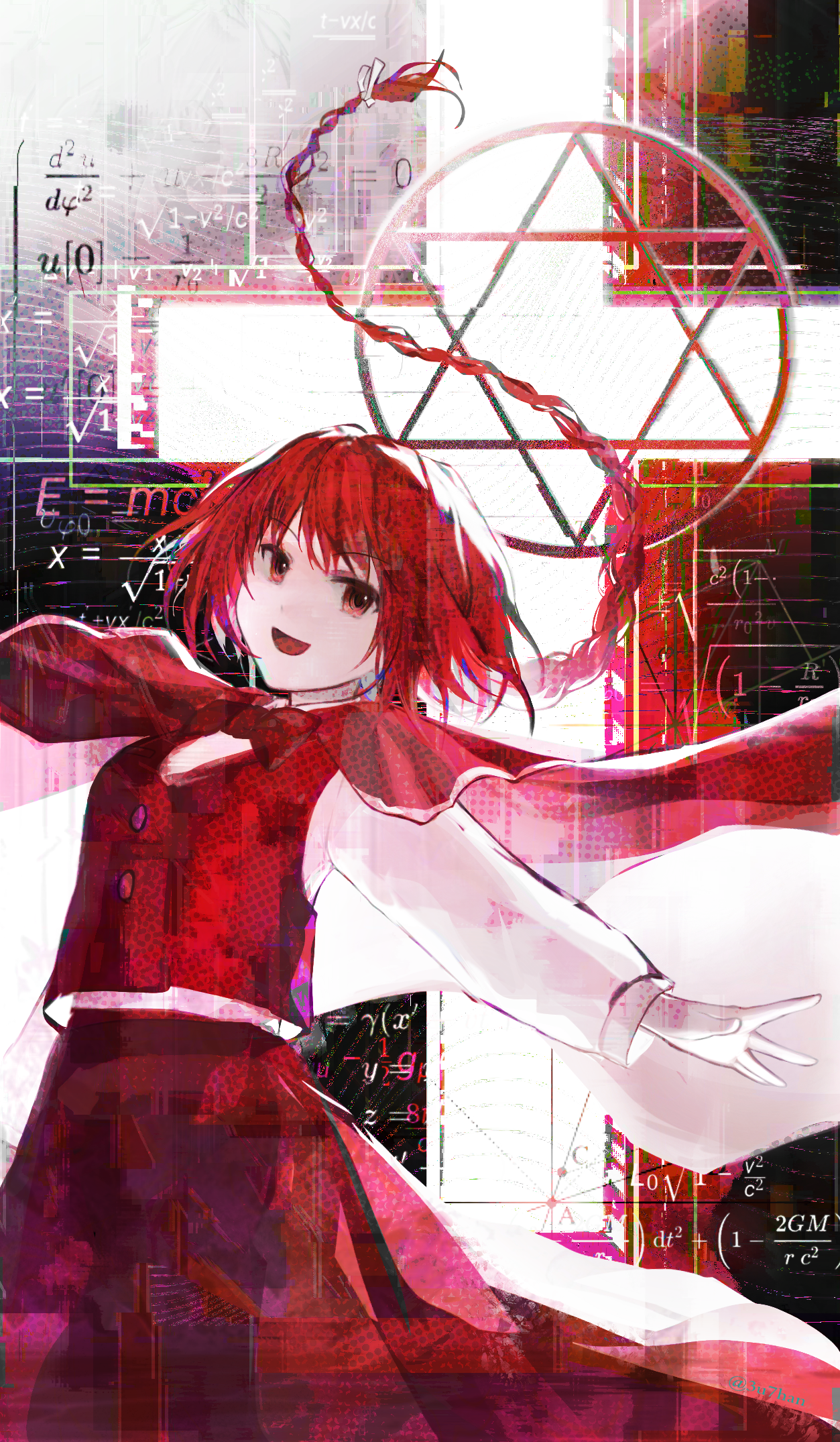 1girl black_background bow bowtie braid buttons cape cowboy_shot cross euthan floating_cape floating_clothes floating_hair furrowed_brow happy hexagram highres long_hair long_skirt long_sleeves magic_circle math okazaki_yumemi open_mouth pleated_skirt red_bow red_bowtie red_cape red_eyes red_hair red_skirt red_vest shirt single_braid skirt skirt_set smile solo standing star_of_david touhou touhou_(pc-98) traditional_bowtie two-sided_cape two-sided_fabric very_long_hair vest white_cape white_shirt