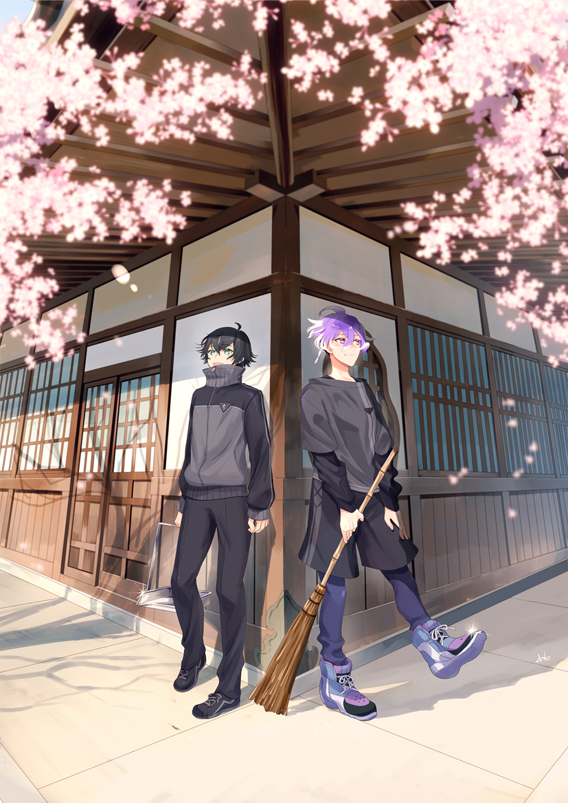 2boys :d ahoge architecture black_footwear black_hair black_jacket black_pants black_shirt black_shorts black_track_suit broom cherry_blossoms closed_mouth colored_tips crossed_bangs day earrings east_asian_architecture falling_petals flipped_hair flower full_body green_eyes grey_shirt hair_between_eyes holding holding_broom houhou_(black_lack) jacket jewelry layered_sleeves long_sleeves looking_up male_focus minamoto_kiyomaro multicolored_hair multiple_boys open_mouth pants pants_under_shorts petals pink_flower purple_eyes purple_footwear purple_hair purple_pants shadow shirt shoes short_hair short_over_long_sleeves short_sleeves shorts single_earring sleeves_past_wrists smile sneakers standing suishinshi_masahide_(touken_ranbu) touken_ranbu track_jacket track_suit veranda white_hair zipper