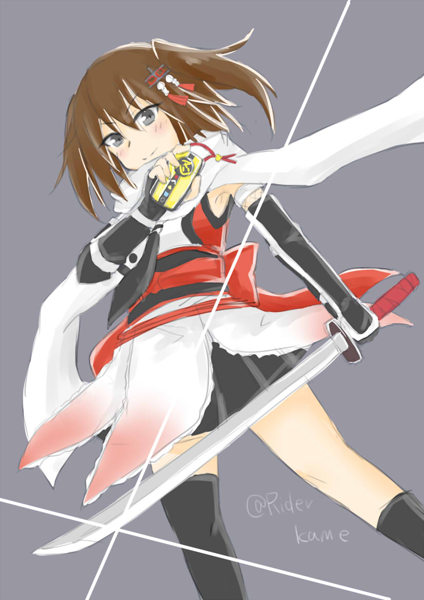 &gt;:) 1girl armpits black_eyes brown_hair commentary elbow_gloves fingerless_gloves from_below gloves grey_background hair_ornament holding holding_sword holding_weapon kame_rider kantai_collection katana kneehighs light_smile looking_at_viewer looking_down necktie ninja_sentai_kakuranger parody pleated_skirt remodel_(kantai_collection) scarf school_uniform sendai_(kancolle) serafuku short_twintails single_kneehigh single_sock single_thighhigh sketch skirt socks super_sentai sword thighhighs twintails twitter_username two_side_up v-shaped_eyebrows weapon white_scarf