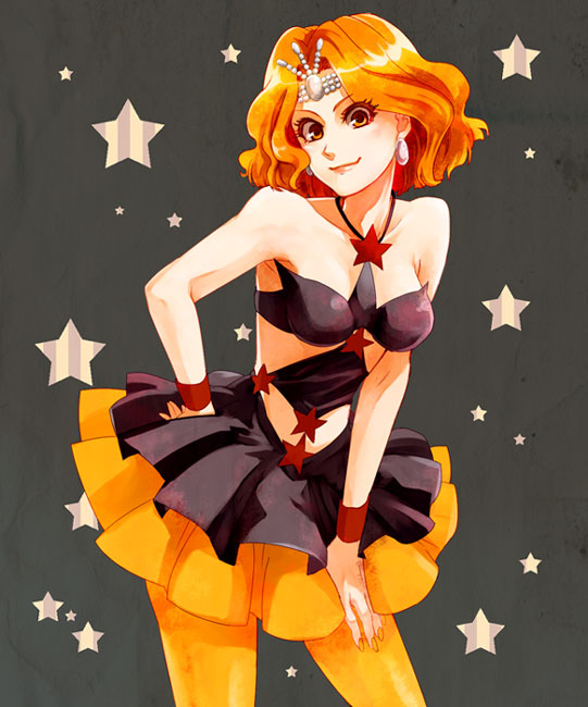 1990s_(style) 1girl bad_id bad_pixiv_id bishoujo_senshi_sailor_moon bishoujo_senshi_sailor_moon_s brown_eyes dress earrings female_focus grey_background hand_on_own_hip hip_focus jewelry marii midriff mimete_(sailor_moon) orange_hair orange_pantyhose orange_skirt pantyhose parted_bangs retro_artstyle short_hair simple_background skirt smile solo star_(symbol) tiara tutu witches_5 wrist_cuffs yellow_eyes