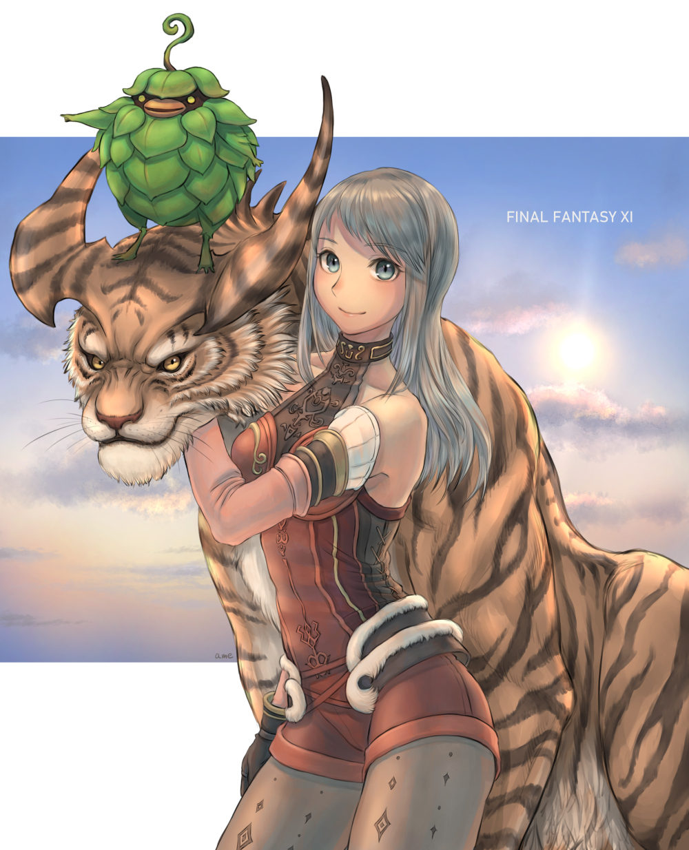 1girl arciela_v_adoulin bare_shoulders black_gloves blue_eyes breasts cactus41747280 closed_mouth cloud collarbone copyright_name darrcuiln detached_sleeves final_fantasy final_fantasy_xi fur_trim gloves grey_hair highres hume jumpsuit leafkin long_hair long_sleeves medium_breasts pantyhose pink_sleeves print_pantyhose red_jumpsuit short_jumpsuit smile solo standing sun