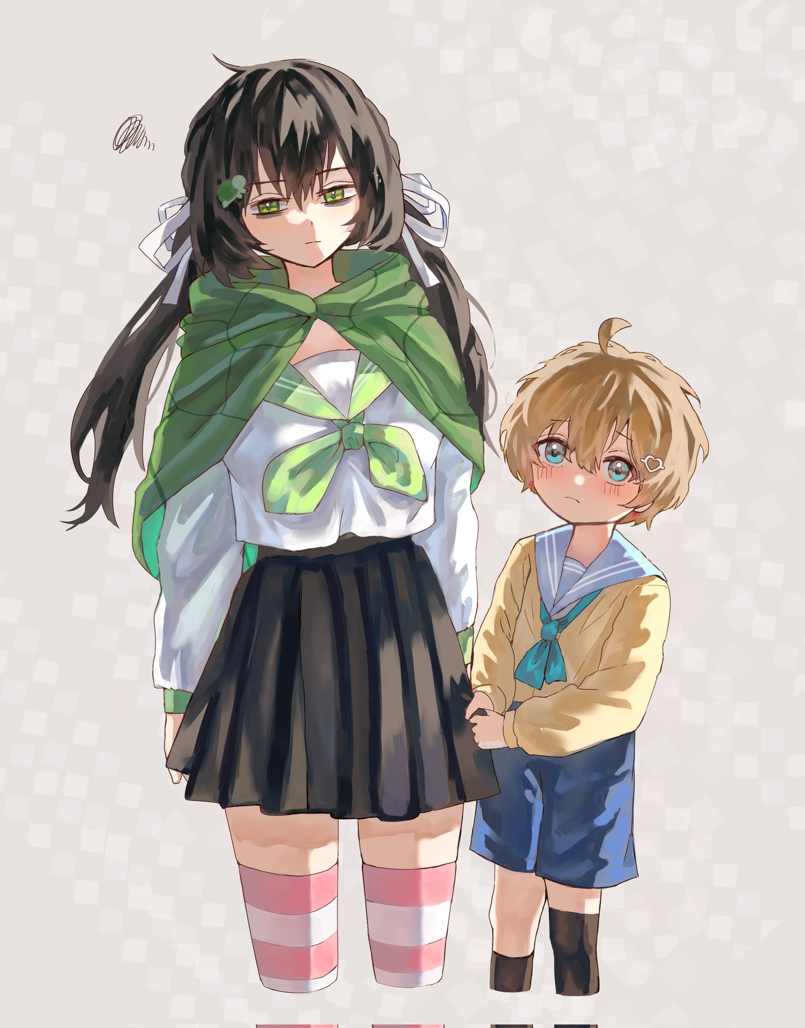 1boy 1girl ahoge black_hair black_skirt blue_eyes blue_neckerchief blue_sailor_collar blue_shorts brown_hair capelet cowboy_shot eananaia genderswap genderswap_(ftm) genderswap_(mtf) green_capelet green_eyes green_neckerchief green_sailor_collar hair_ribbon highres long_hair low_twintails neckerchief neuro-sama pleated_skirt ribbon sailor_collar shirt short_hair shorts skirt striped_clothes striped_thighhighs thighhighs twintails vedal987 vedal_ai virtual_youtuber white_ribbon white_shirt yellow_shirt