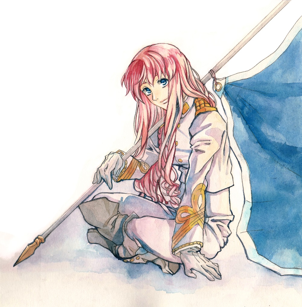 blue_eyes blue_flag crossed_legs flag french_army holding holding_flag long_hair looking_at_viewer lsunl macross macross_frontier macross_frontier:_sayonara_no_tsubasa military_uniform pink_hair sheryl_nome sitting