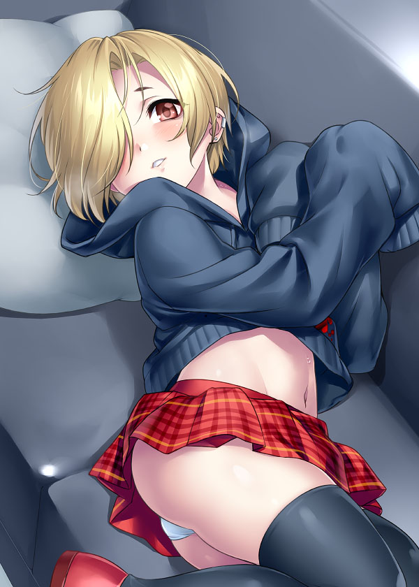 1girl ass bags_under_eyes black_hoodie black_thighhighs blonde_hair blood blood_stain blush breasts couch ear_piercing earrings female_focus hair_over_one_eye hood hood_down hoodie idolmaster idolmaster_cinderella_girls jewelry long_sleeves looking_at_viewer lying navel on_side panties piercing pillow red_footwear red_skirt shirasaka_koume short_hair skirt sleeves_past_fingers sleeves_past_wrists small_breasts smile solo thighhighs thighs underwear white_panties zen