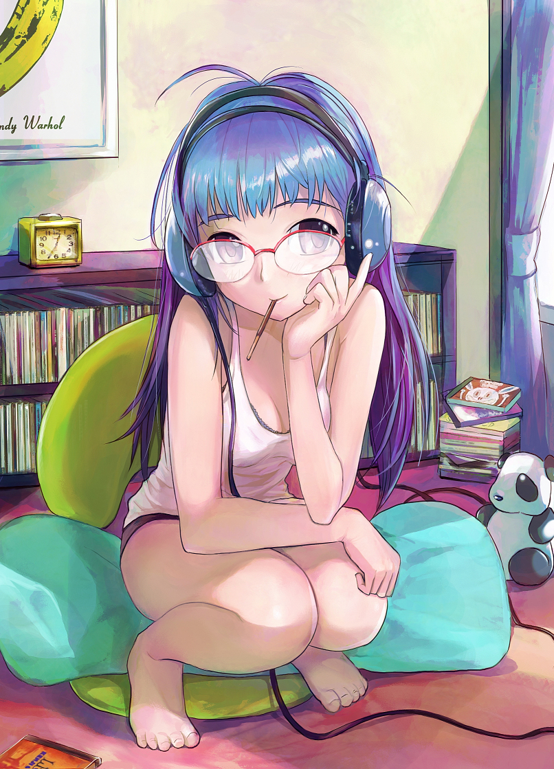 1girl andy_warhol banana barefoot brown_eyes camisole cd feet female_focus food fruit glasses headphones mekarauroko mouth_hold original panda panties pillow pocky purple_hair solo squatting stuffed_animal stuffed_toy teddy_bear underwear velvet_underground