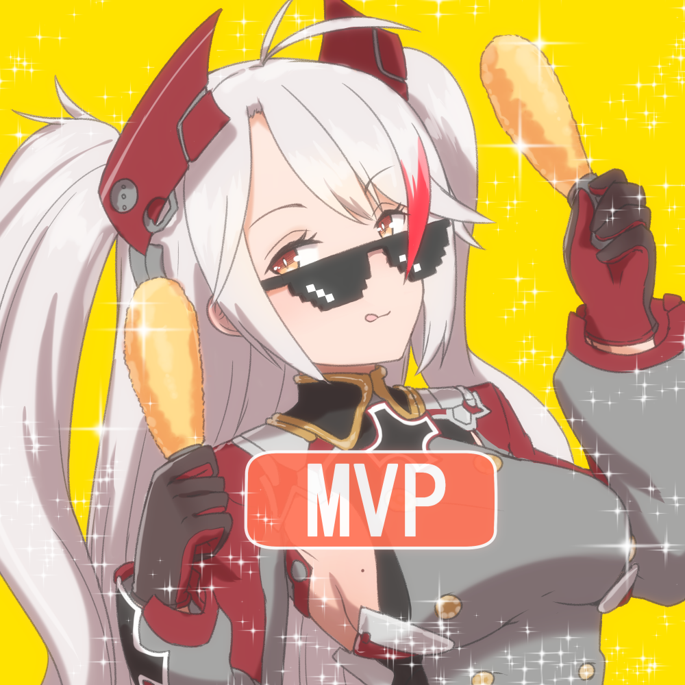 1girl :q antenna_hair azur_lane black_gloves breasts cross deal_with_it_(meme) food gloves headgear holding holding_food iron_cross kuroshiro_gurei long_hair long_sleeves looking_at_viewer meme mole mole_on_breast multicolored_hair mvp orange_eyes prinz_eugen_(azur_lane) red_hair simple_background solo sparkle streaked_hair sunglasses tongue tongue_out two_side_up upper_body white_hair yellow_background