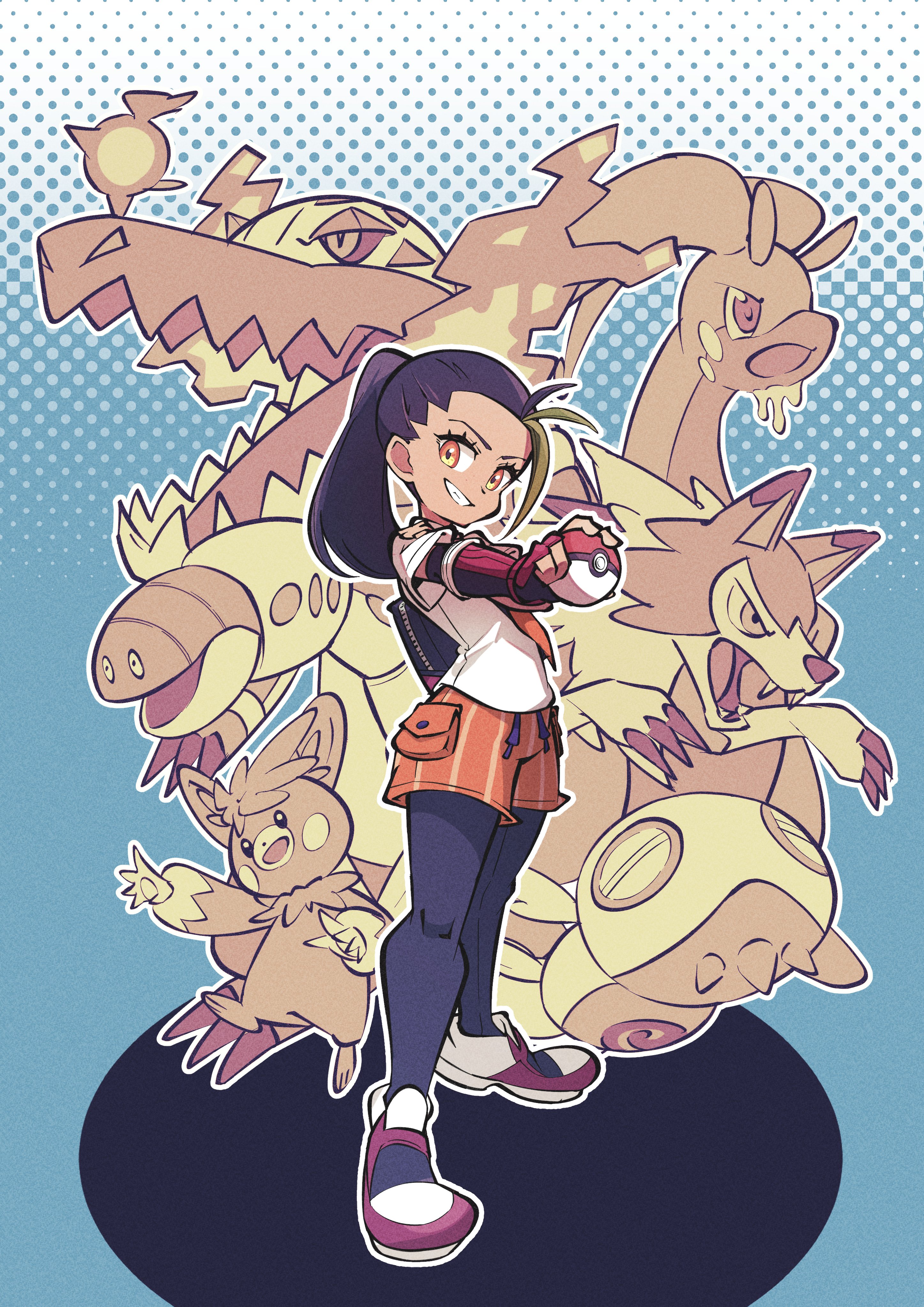 1girl absurdres black_hair dark-skinned_female dark_skin dudunsparce fangs fire_bird_(skeledirge) full_body gen_6_pokemon gen_7_pokemon gloves goodra green_hair grin hair_pulled_back highres holding holding_poke_ball long_hair looking_at_viewer lycanroc lycanroc_(midday) multicolored_hair naranja_academy_school_uniform necktie nemona_(pokemon) nintendo onozawa_(buresu21) open_mouth orange_eyes orange_necktie orange_shorts orthworm pantyhose pawmot poke_ball poke_ball_(basic) pokemon pokemon_(creature) pokemon_sv ponytail school_uniform shirt short_sleeves shorts skeledirge smile streaked_hair two-tone_hair