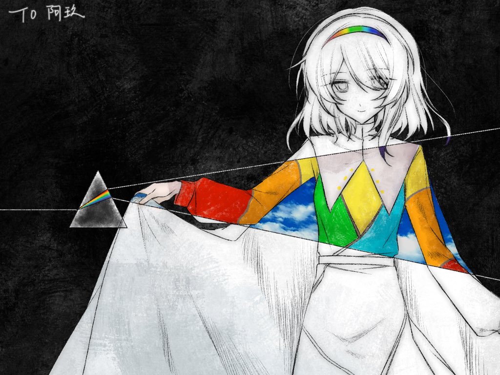 1girl black_background cape closed_mouth dark_side_of_the_moon dress gas_wf hair_over_one_eye long_sleeves looking_at_viewer pink_floyd prism rainbow_refraction simple_background smile solo tenkyuu_chimata touhou