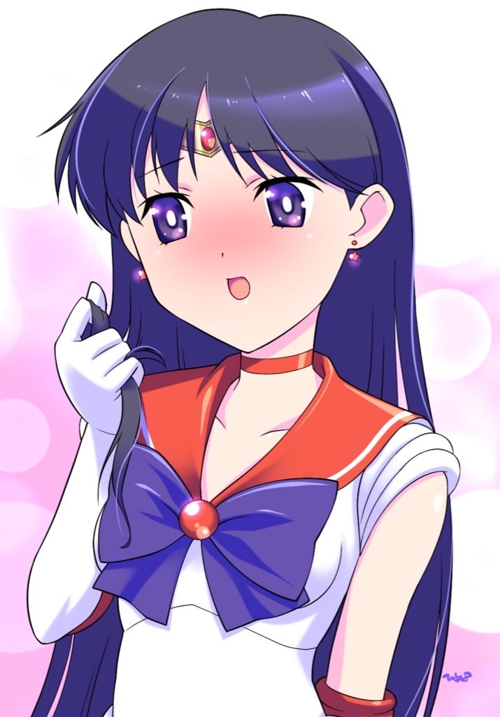 1girl bishoujo_senshi_sailor_moon black_hair bow breasts bright_pupils choker circlet collarbone earrings elbow_gloves flustered furrowed_brow gloves hand_up himehachi_(hime8manga) hino_rei holding holding_own_hair jewelry long_hair magical_girl medium_breasts open_mouth purple_bow purple_eyes red_choker red_sailor_collar sailor_collar sailor_mars sailor_senshi_uniform solo star_(symbol) star_earrings upper_body white_gloves white_pupils