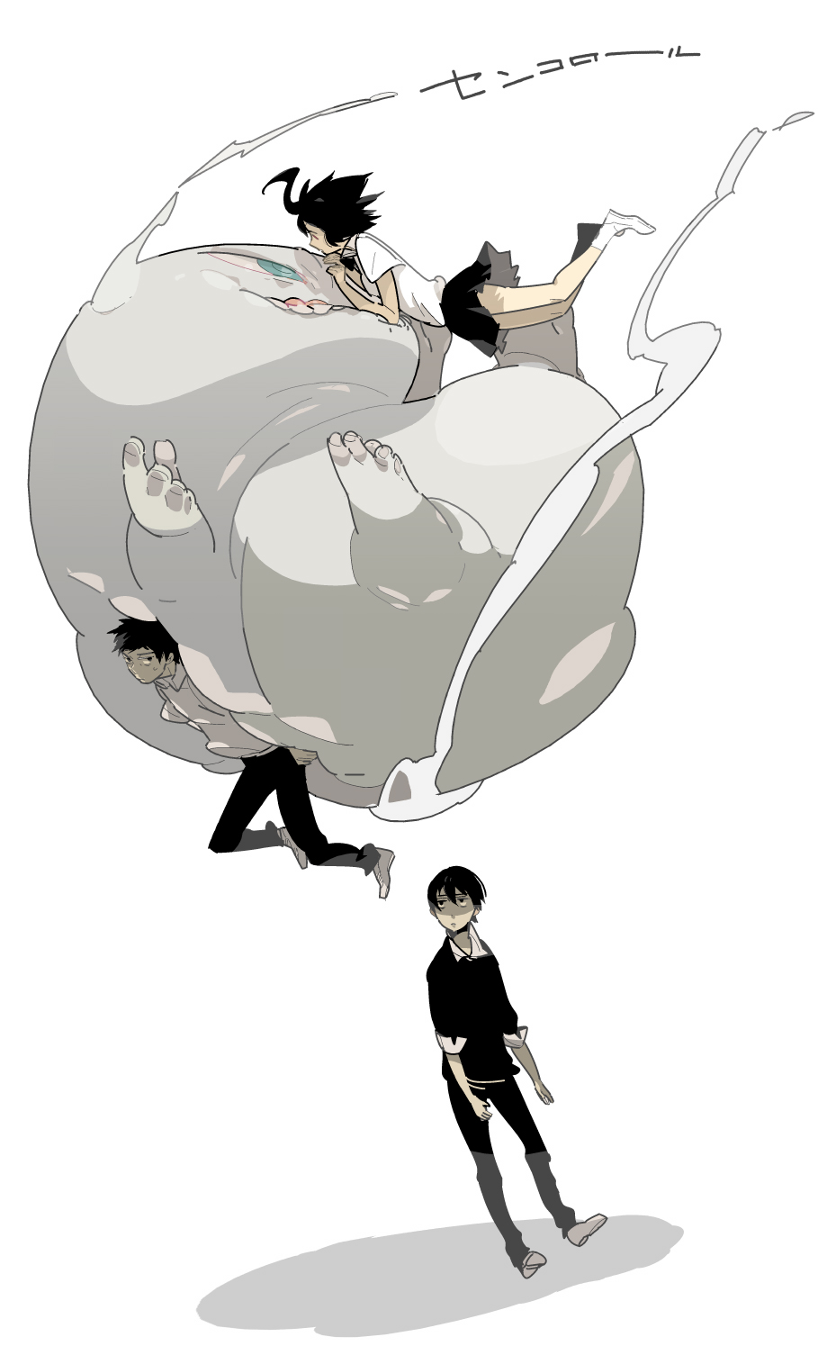 1girl 2boys bad_id bad_pixiv_id black_hair bow bowtie cenco cencoroll highres maruco monster multiple_boys pleated_skirt school_uniform shirt shoes short_hair shuu_(cencoroll) skirt socks yuki_(cencoroll)