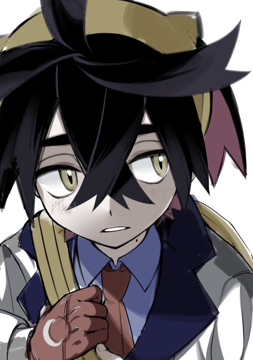 1boy black_hair blue_shirt collared_shirt crossed_bangs gloves hair_between_eyes hairband ieiieiiei jacket kieran_(pokemon) long_sleeves male_focus mole mole_on_neck multicolored_hair nintendo parted_lips pokemon pokemon_sv purple_hair red_gloves shirt simple_background solo upper_body white_background white_jacket yellow_bag yellow_eyes yellow_hairband