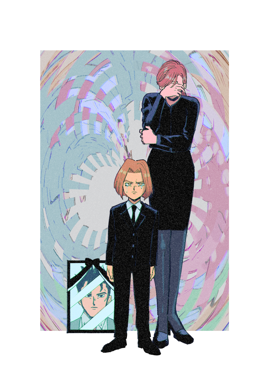 1boy 1girl black_necktie border commentary crying crying_with_eyes_open dress formal_clothes funeral_dress highres jojo_no_kimyou_na_bouken kawajiri_hayato kawajiri_kosaku kawajiri_shinobu kira_yoshikage necktie oniyama831 picture_frame ponytail suit tears white_border
