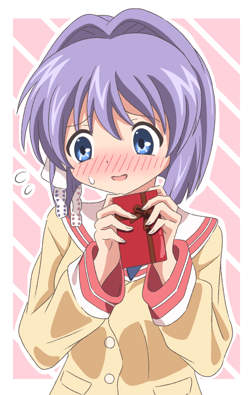 1girl blazer blue_eyes blush bob_cut border clannad commentary embarrassed flying_sweatdrops fujibayashi_ryou gift hair_between_eyes hair_intakes hair_ribbon hands_up highres hikarizaka_private_high_school_uniform holding holding_gift jacket long_sleeves looking_down nervous_smile nose_blush open_mouth pink_background purple_hair ribbon sailor_collar school_uniform serafuku short_hair shy silky_(silky_illust) simple_background smile solo sweatdrop tareme tress_ribbon upper_body valentine white_border white_ribbon white_sailor_collar yellow_jacket
