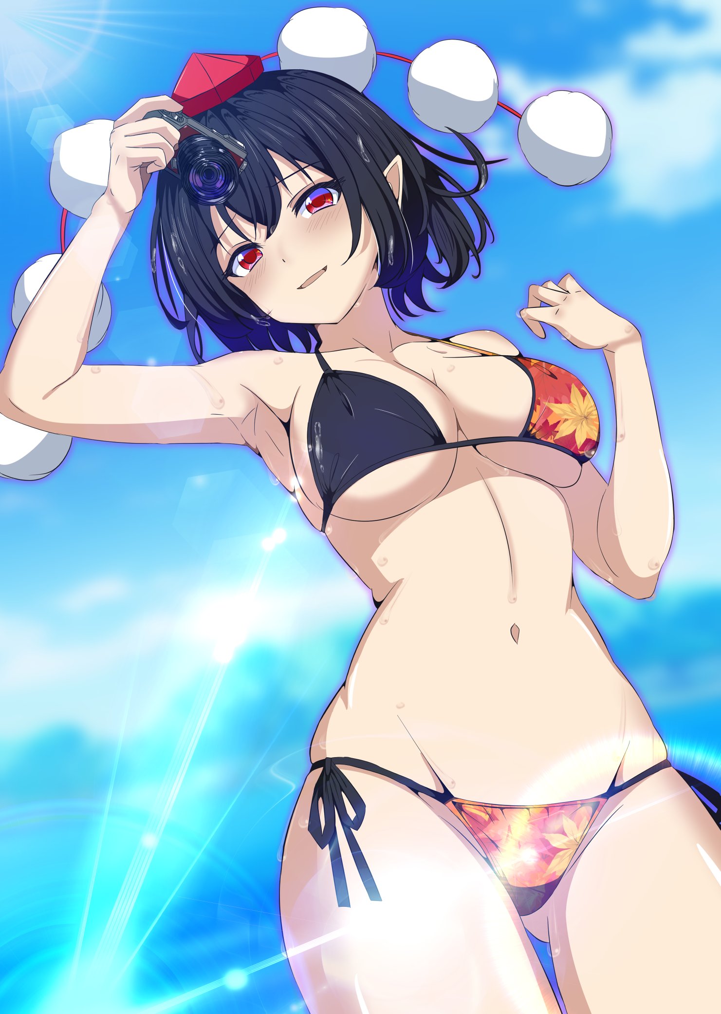 1girl asymmetrical_shirt bikini black_bikini breasts camera gluteal_fold hat highres holding holding_camera horizon kitaura_kasumi large_breasts leaf_fan leaf_print looking_at_viewer maple_leaf_print midriff no_wings ocean red_eyes red_hat shameimaru_aya skirt smile solo swimsuit tokin_hat touhou wet_face