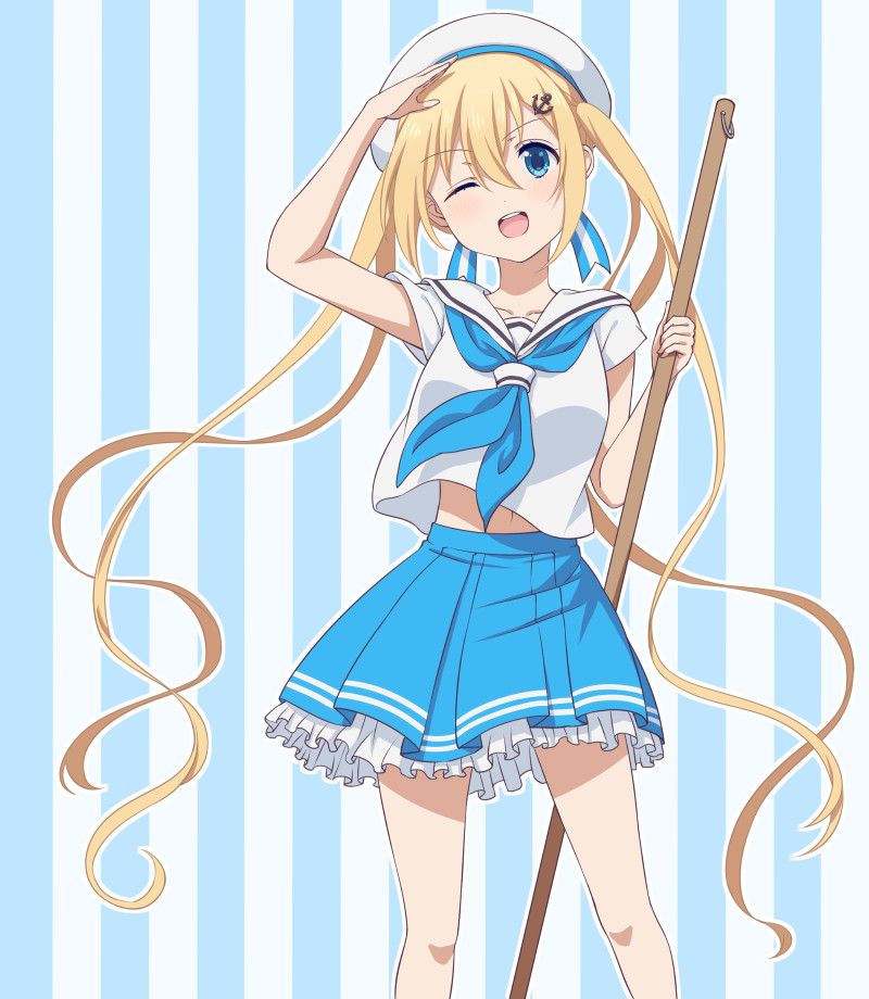 1girl blend_s blonde_hair blue_eyes breasts hair_between_eyes hinata_kaho long_hair looking_at_viewer open_mouth shirt short_sleeves smile solo stile_uniform twintails ushio_(0632cd-0729jf) very_long_hair